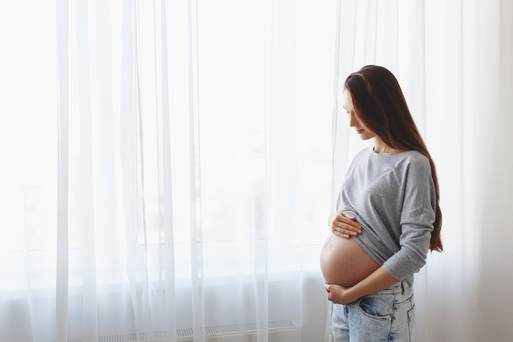 Young,Beautiful,Pregnant,Woman,Standing,At,Home,Near,The,Window.