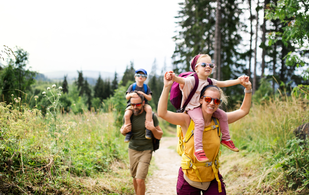 Family,With,Small,Children,Hiking,Outdoors,In,Summer,Nature.