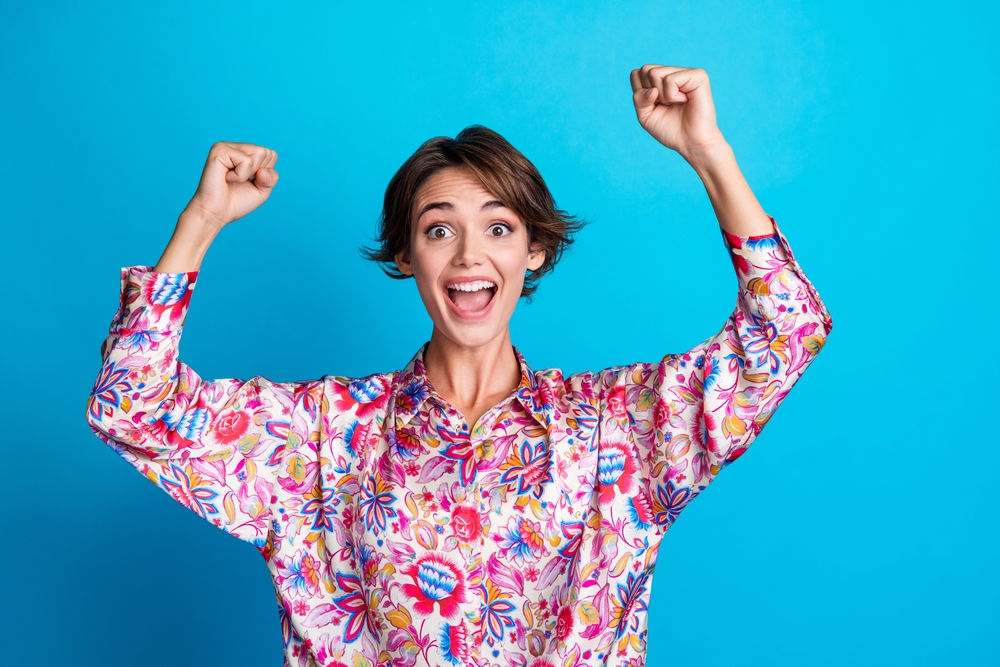 Photo,Of,Cheerful,Glad,Girl,Wear,Trendy,Clothes,Celebrate,Victory