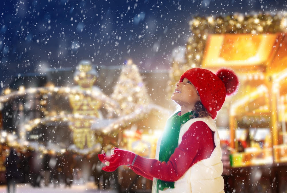 Child,At,Christmas,Fair,In,Snow.,Little,Girl,At,Xmas