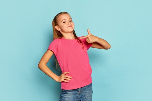 Portrait,Of,Little,Beautiful,Girl,,Child,In,Pink,T-shirt,Posing