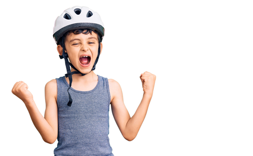 Little,Cute,Boy,Kid,Wearing,Bike,Helmet,Screaming,Proud,,Celebrating